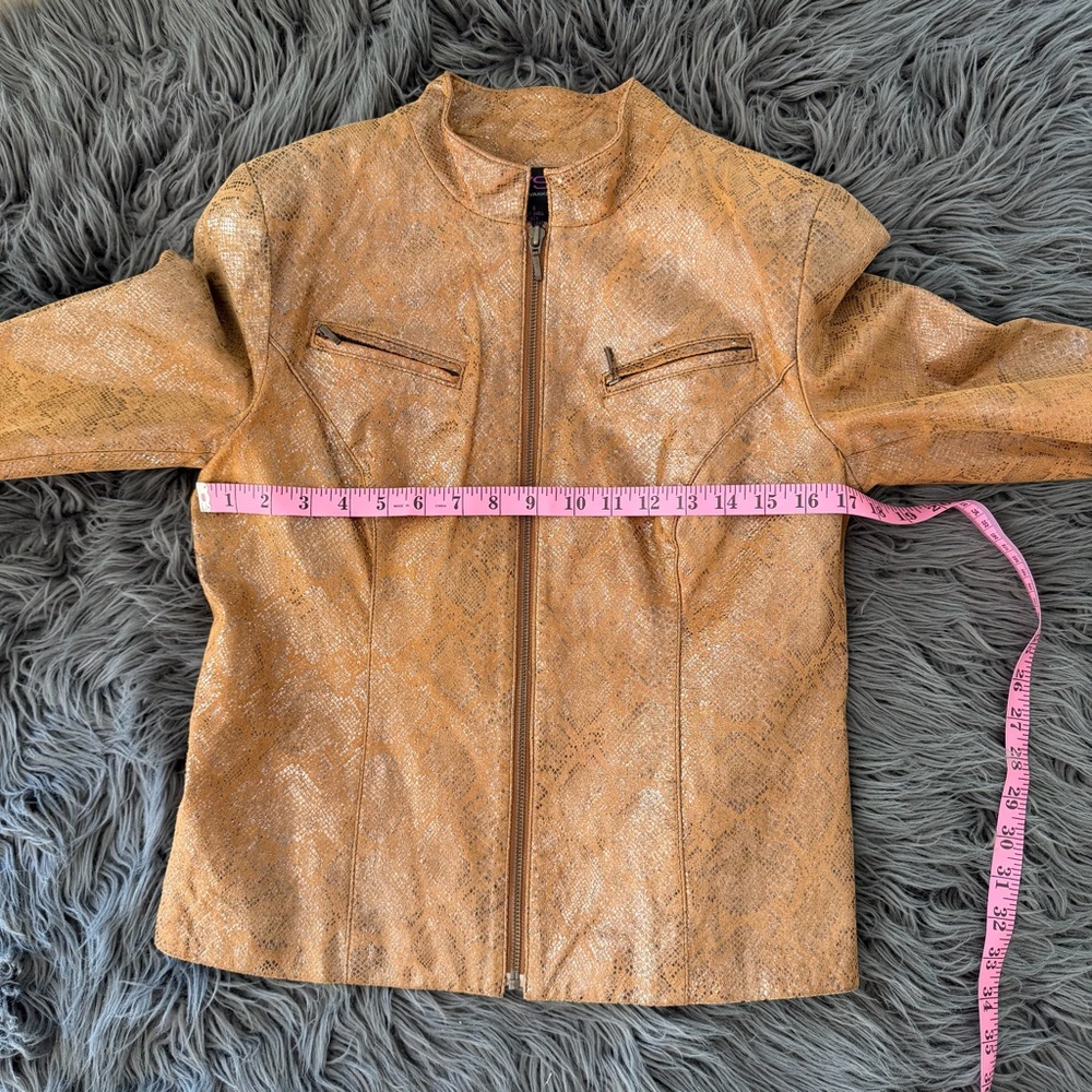 Vakko VS2 Metallic Gold Leather Moto Jacket Brown Printed Size 8 - Picture 4 of 9